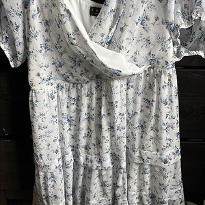 TRF Floral Wrap Dress - White and Blue